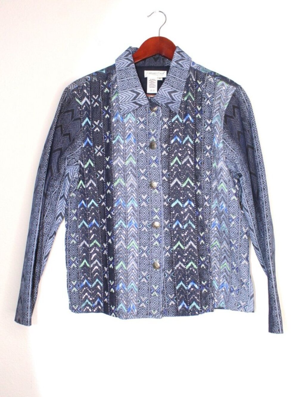 Coldwater Creek Denim Sequin Blazer Women's PL Blue Green Beaded Lined Modern‎